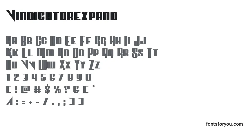 Czcionka Vindicatorexpand – alfabet, cyfry, specjalne znaki