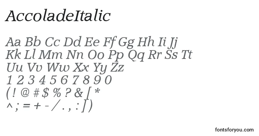 Шрифт AccoladeItalic – алфавит, цифры, специальные символы