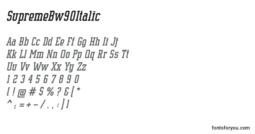 Шрифт SupremeBw90Italic – алфавит, цифры, специальные символы
