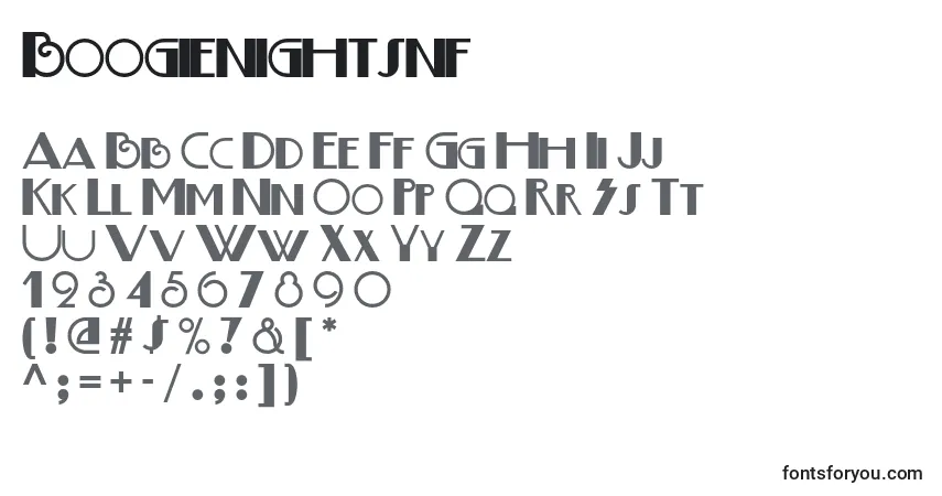 A fonte Boogienightsnf – alfabeto, números, caracteres especiais
