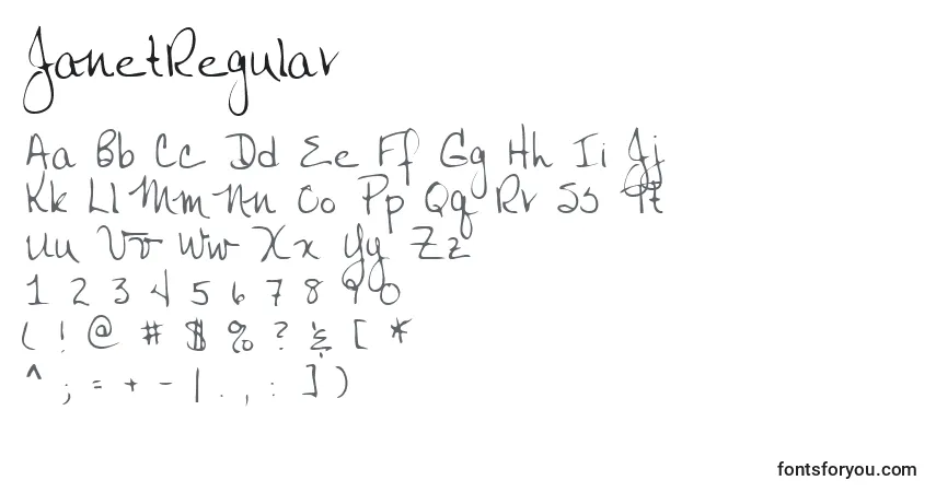Schriftart JanetRegular – Alphabet, Zahlen, spezielle Symbole