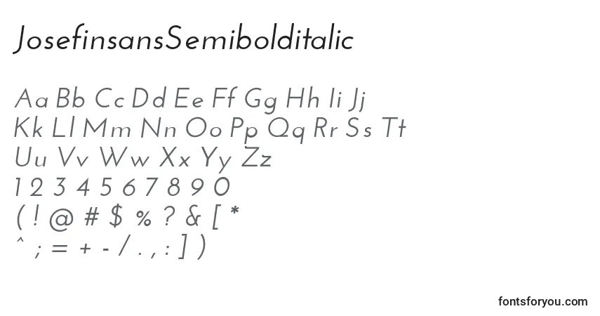 A fonte JosefinsansSemibolditalic – alfabeto, números, caracteres especiais