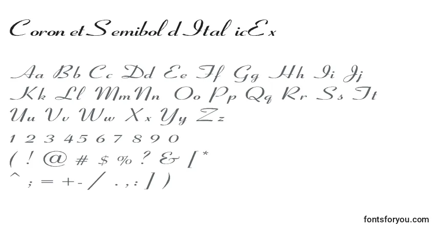 Czcionka CoronetSemiboldItalicEx – alfabet, cyfry, specjalne znaki