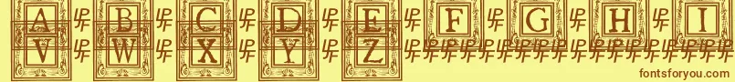 フォントQuanauticaleInitialsNo1 – 茶色の文字が黄色の背景にあります。