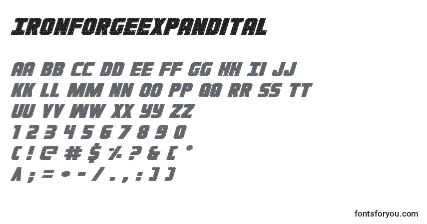 Schriftart Ironforgeexpandital – Alphabet, Zahlen, spezielle Symbole