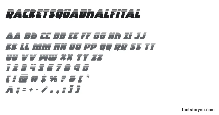 Racketsquadhalfital-fontti – aakkoset, numerot, erikoismerkit