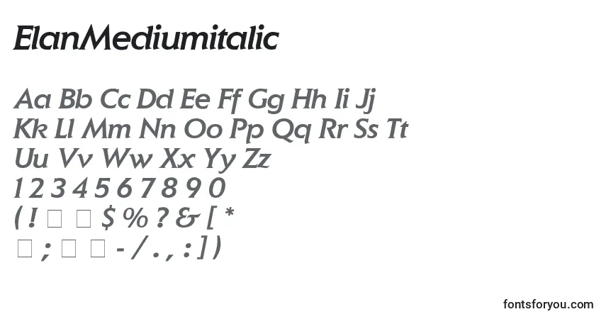 A fonte ElanMediumitalic – alfabeto, números, caracteres especiais