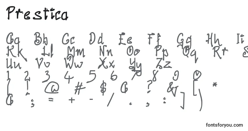 Czcionka Prestica – alfabet, cyfry, specjalne znaki