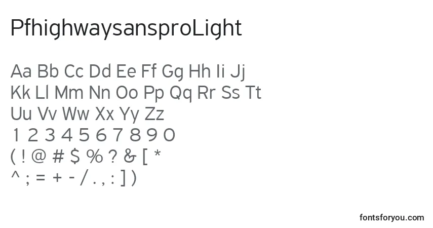 Schriftart PfhighwaysansproLight – Alphabet, Zahlen, spezielle Symbole