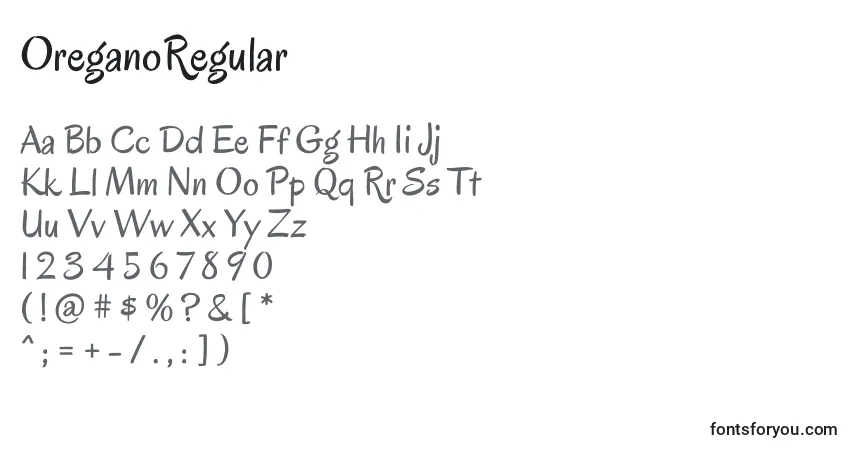 Czcionka OreganoRegular – alfabet, cyfry, specjalne znaki
