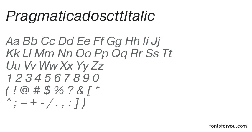 Fuente PragmaticadoscttItalic - alfabeto, números, caracteres especiales