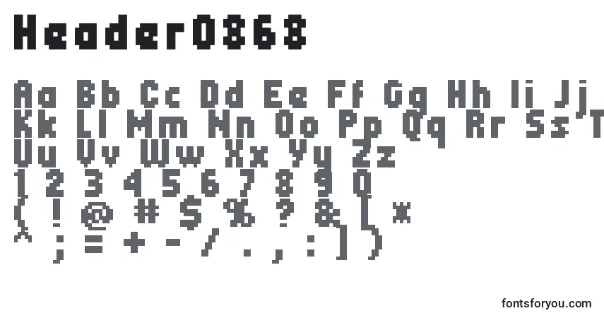 A fonte Header0868 – alfabeto, números, caracteres especiais