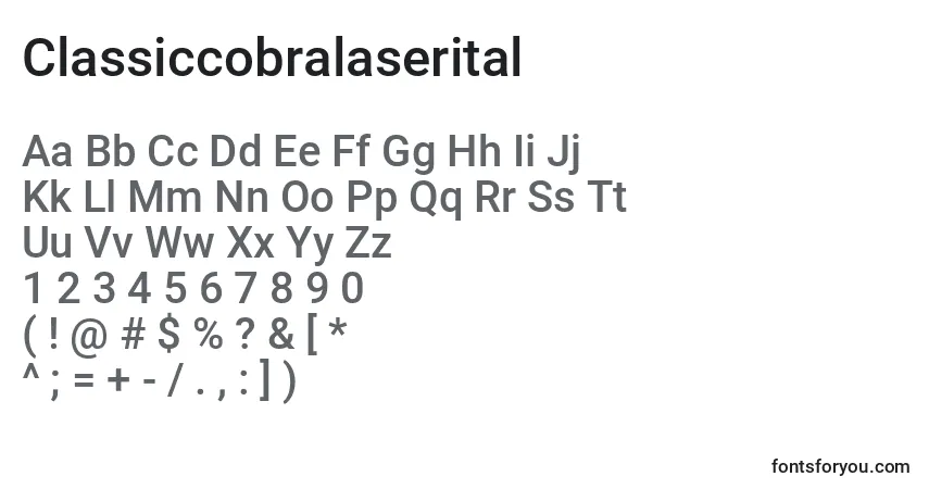 A fonte Classiccobralaserital – alfabeto, números, caracteres especiais