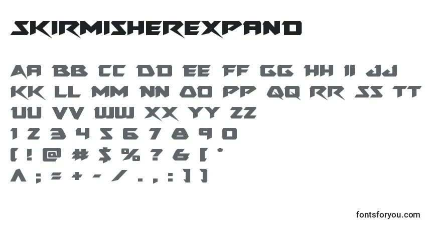 Schriftart Skirmisherexpand – Alphabet, Zahlen, spezielle Symbole