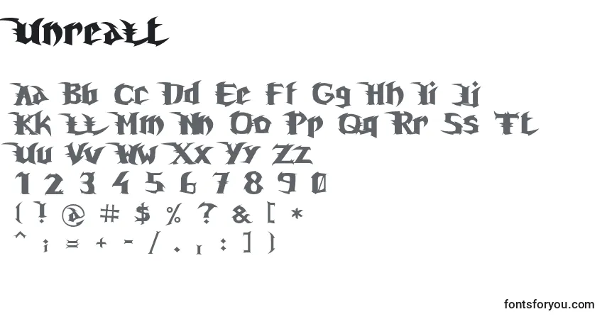 Schriftart Unrealt – Alphabet, Zahlen, spezielle Symbole