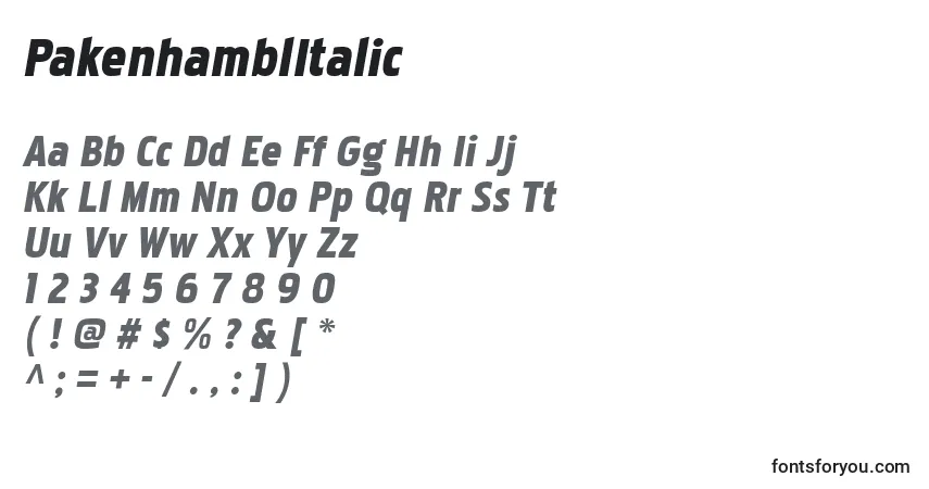A fonte PakenhamblItalic – alfabeto, números, caracteres especiais