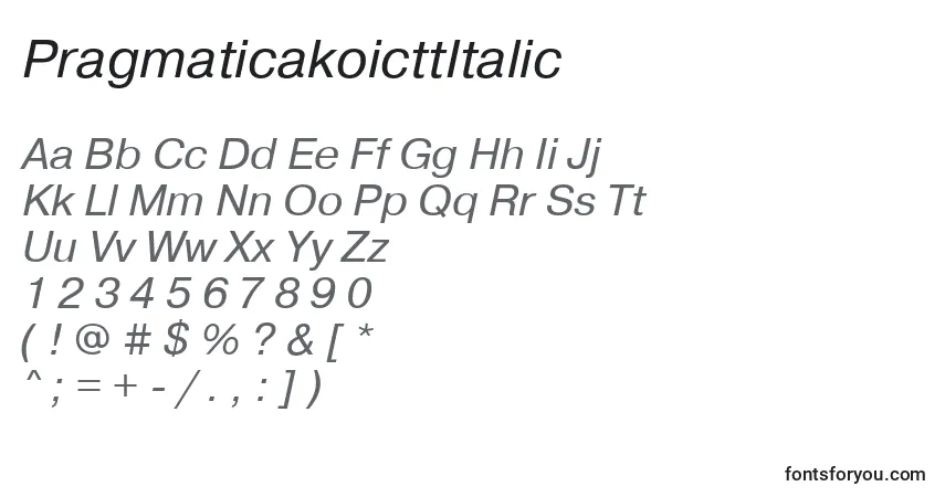 Schriftart PragmaticakoicttItalic – Alphabet, Zahlen, spezielle Symbole