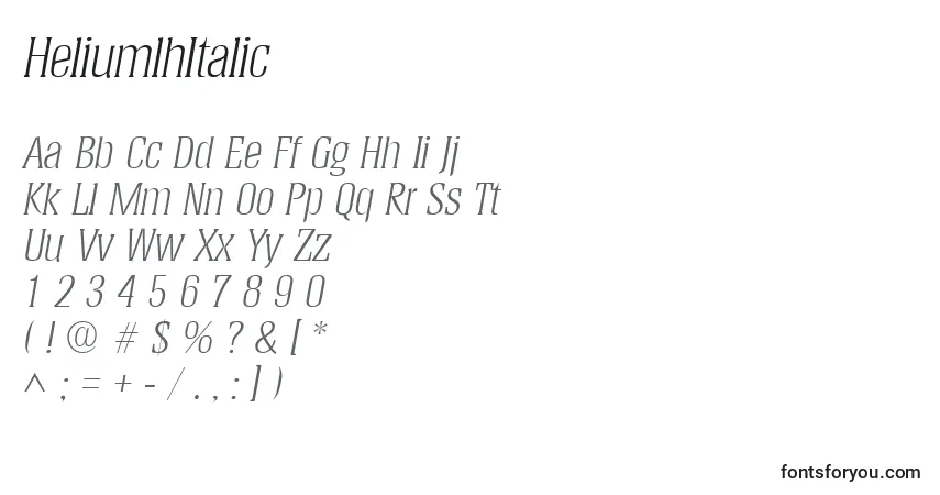 Schriftart HeliumlhItalic – Alphabet, Zahlen, spezielle Symbole