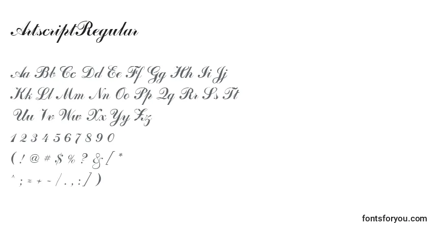 Czcionka ArtscriptRegular – alfabet, cyfry, specjalne znaki