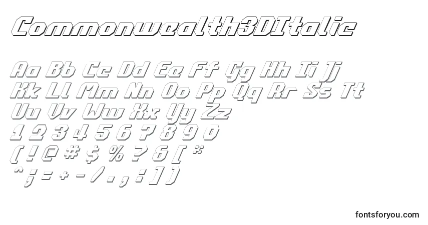 Schriftart Commonwealth3DItalic – Alphabet, Zahlen, spezielle Symbole