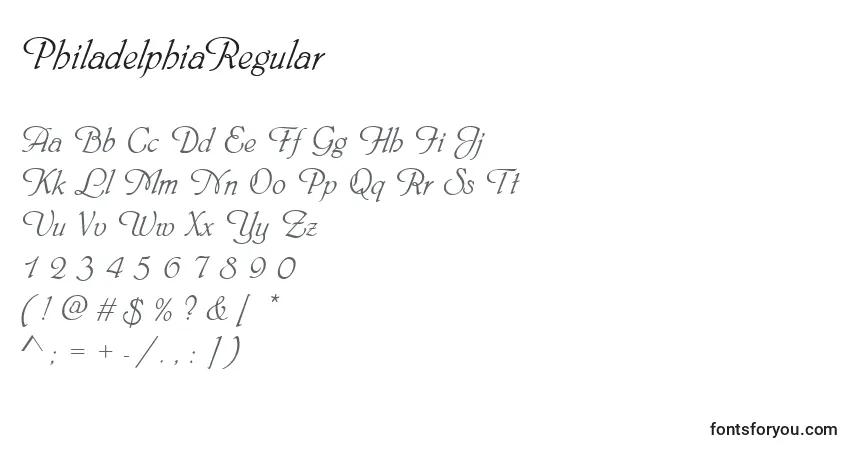 A fonte PhiladelphiaRegular – alfabeto, números, caracteres especiais