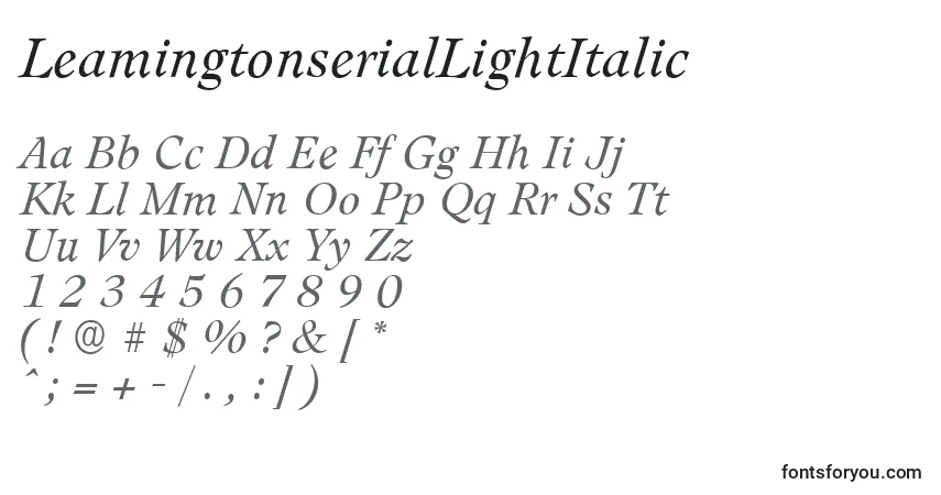 A fonte LeamingtonserialLightItalic – alfabeto, números, caracteres especiais