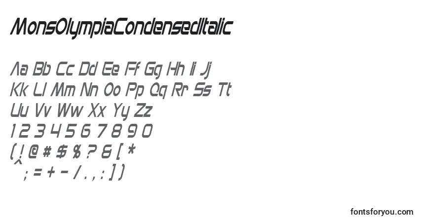 MonsOlympiaCondensedItalicフォント–アルファベット、数字、特殊文字