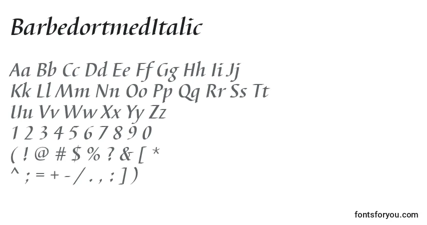 Czcionka BarbedortmedItalic – alfabet, cyfry, specjalne znaki