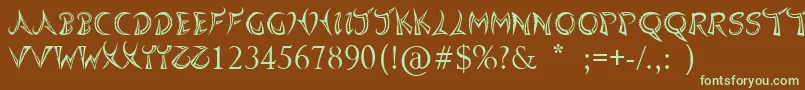 フォントQuasari – 緑色の文字が茶色の背景にあります。