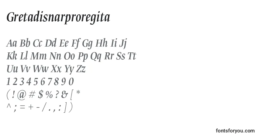 Czcionka Gretadisnarproregita – alfabet, cyfry, specjalne znaki