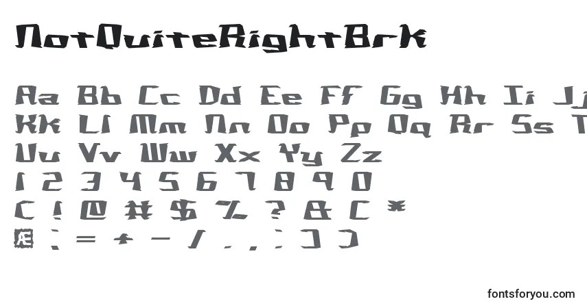 Czcionka NotQuiteRightBrk – alfabet, cyfry, specjalne znaki