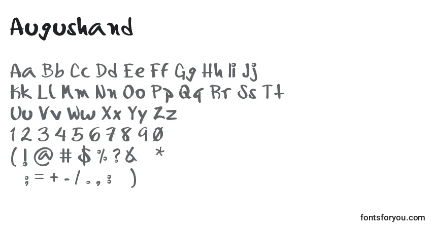 Czcionka Augushand – alfabet, cyfry, specjalne znaki