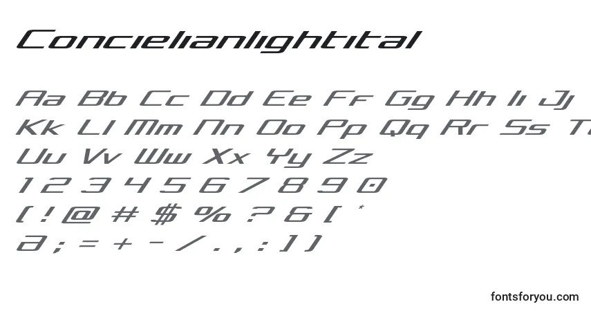 A fonte Concielianlightital – alfabeto, números, caracteres especiais