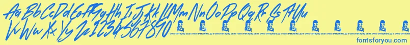 フォントTheRightThing – 青い文字が黄色の背景にあります。