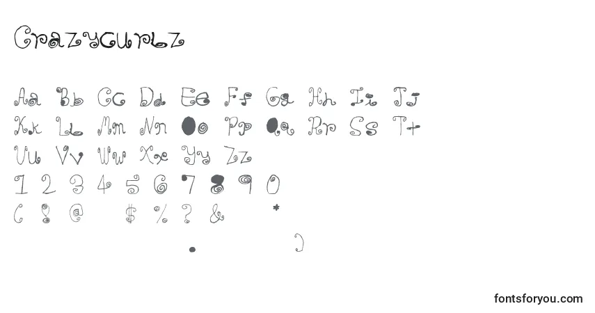 A fonte Crazycurlz – alfabeto, números, caracteres especiais