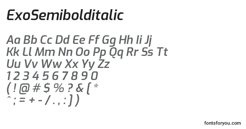 Czcionka ExoSemibolditalic – alfabet, cyfry, specjalne znaki