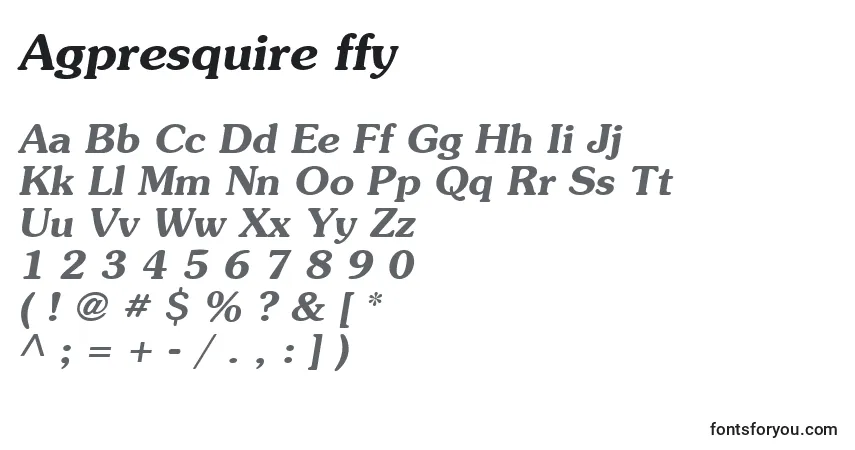 Czcionka Agpresquire ffy – alfabet, cyfry, specjalne znaki