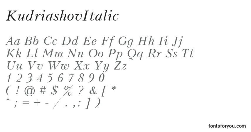 Czcionka KudriashovItalic – alfabet, cyfry, specjalne znaki