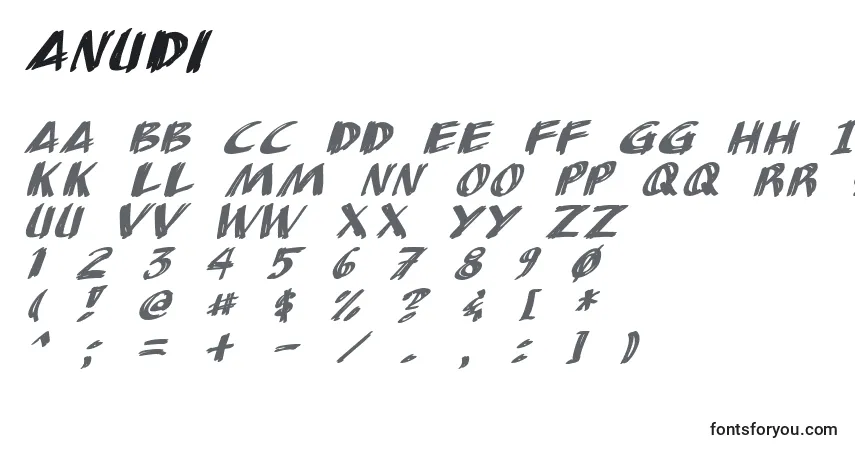 A fonte Anudi – alfabeto, números, caracteres especiais
