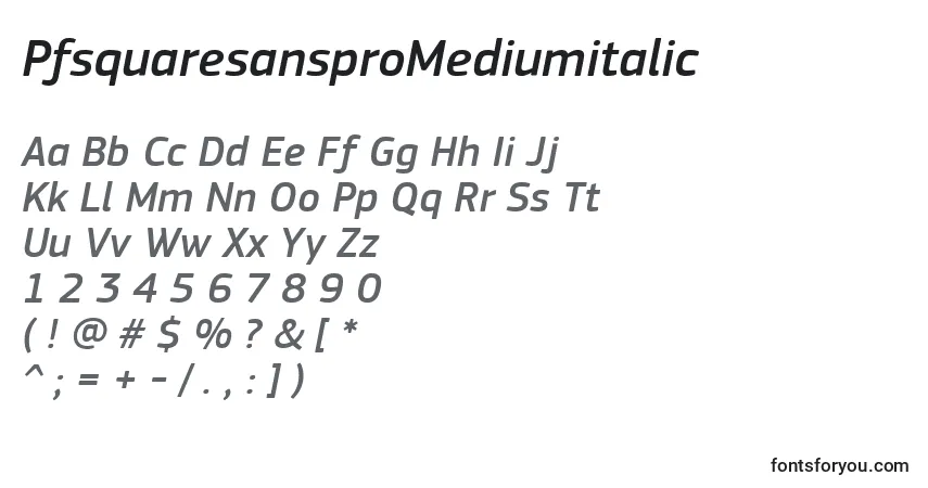 Czcionka PfsquaresansproMediumitalic – alfabet, cyfry, specjalne znaki