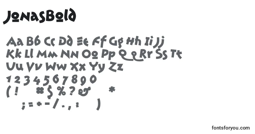 A fonte JonasBold – alfabeto, números, caracteres especiais