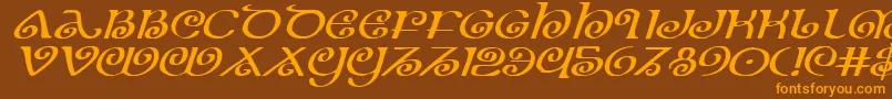 フォントTheShireExpandedItalic – オレンジ色の文字が茶色の背景にあります。