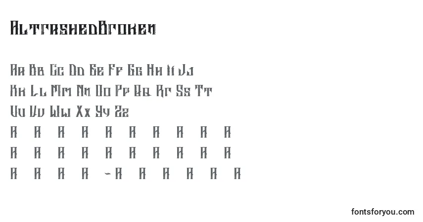 Czcionka AltrashedBroken – alfabet, cyfry, specjalne znaki