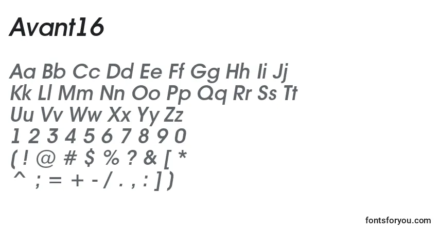 Schriftart Avant16 – Alphabet, Zahlen, spezielle Symbole