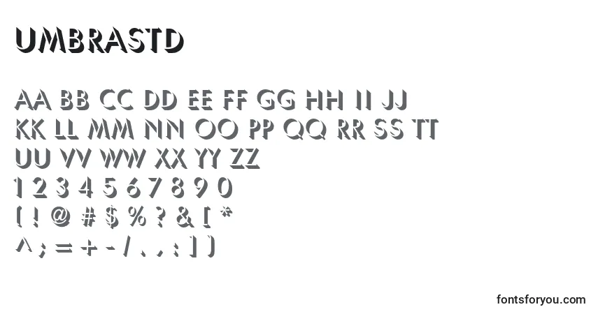 Czcionka Umbrastd – alfabet, cyfry, specjalne znaki