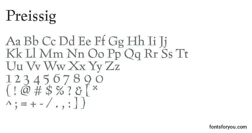 Czcionka Preissig – alfabet, cyfry, specjalne znaki
