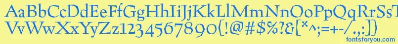 フォントPreissig – 青い文字が黄色の背景にあります。