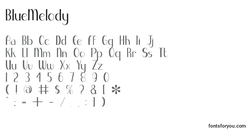 Schriftart BlueMelody – Alphabet, Zahlen, spezielle Symbole