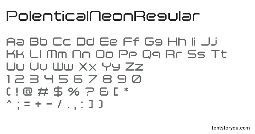 A fonte PolenticalNeonRegular – alfabeto, números, caracteres especiais