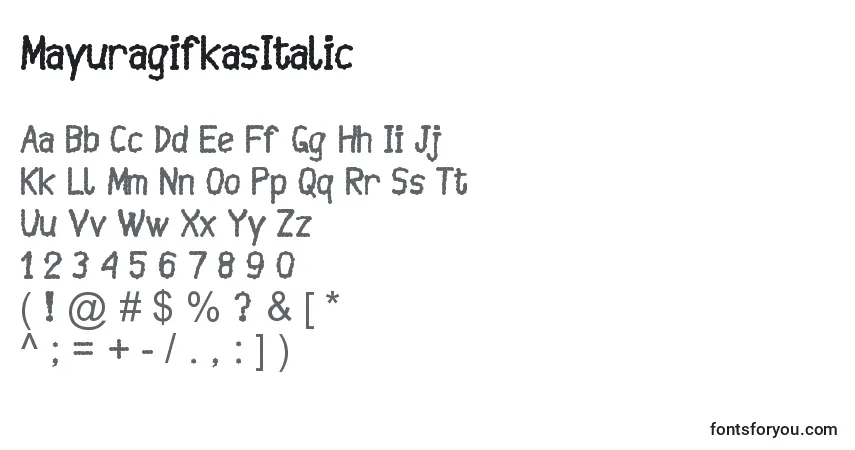 Шрифт MayuragifkasItalic – алфавит, цифры, специальные символы